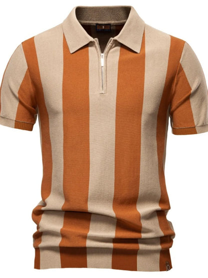 Men's Classic Striped Zip Collar Polo Shirt - Black