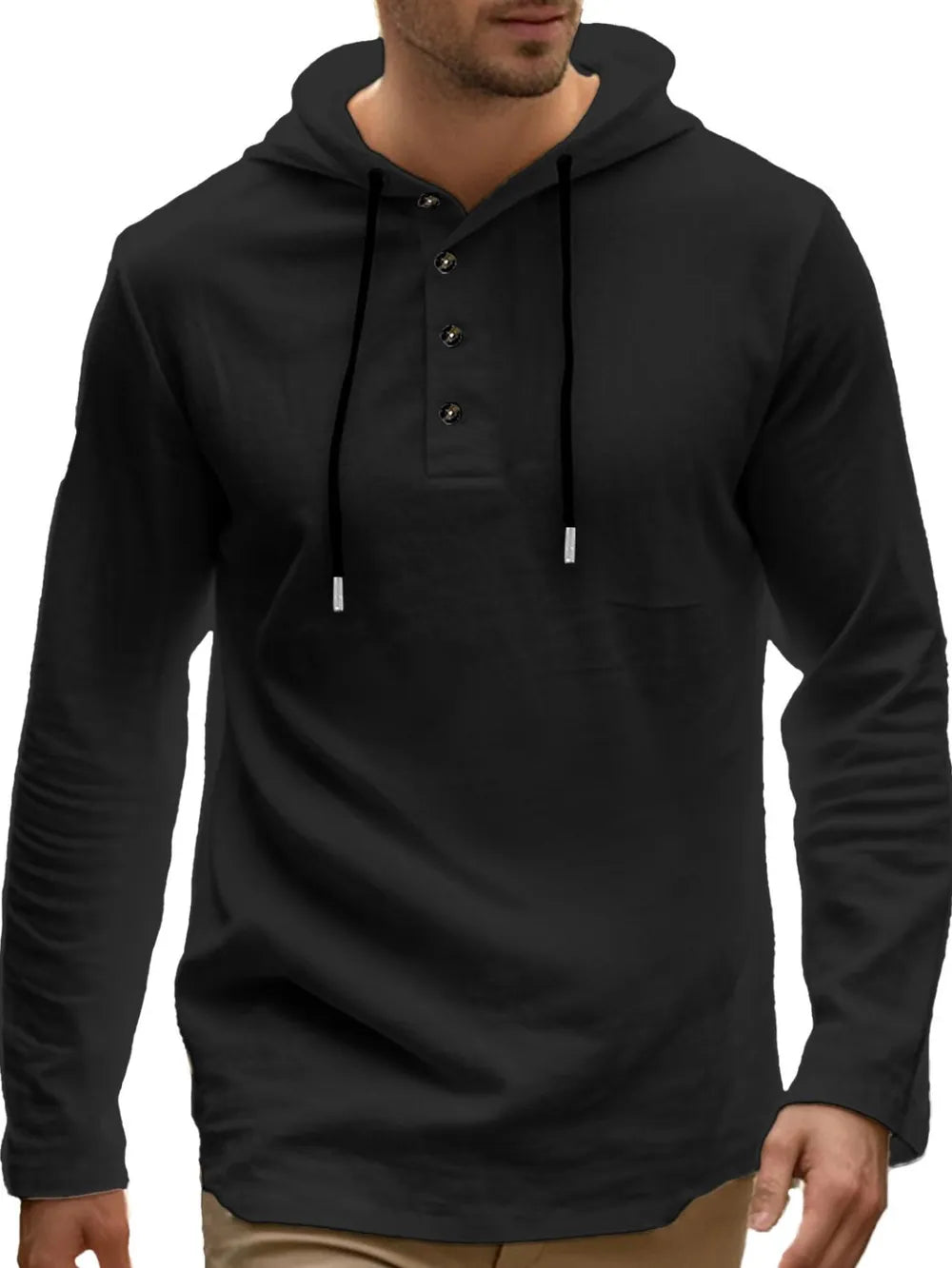 Men's Full Size Drawstring Button Detail Long Sleeve Hoodie Plus Size - DCDesigns mens casual hoodie product view