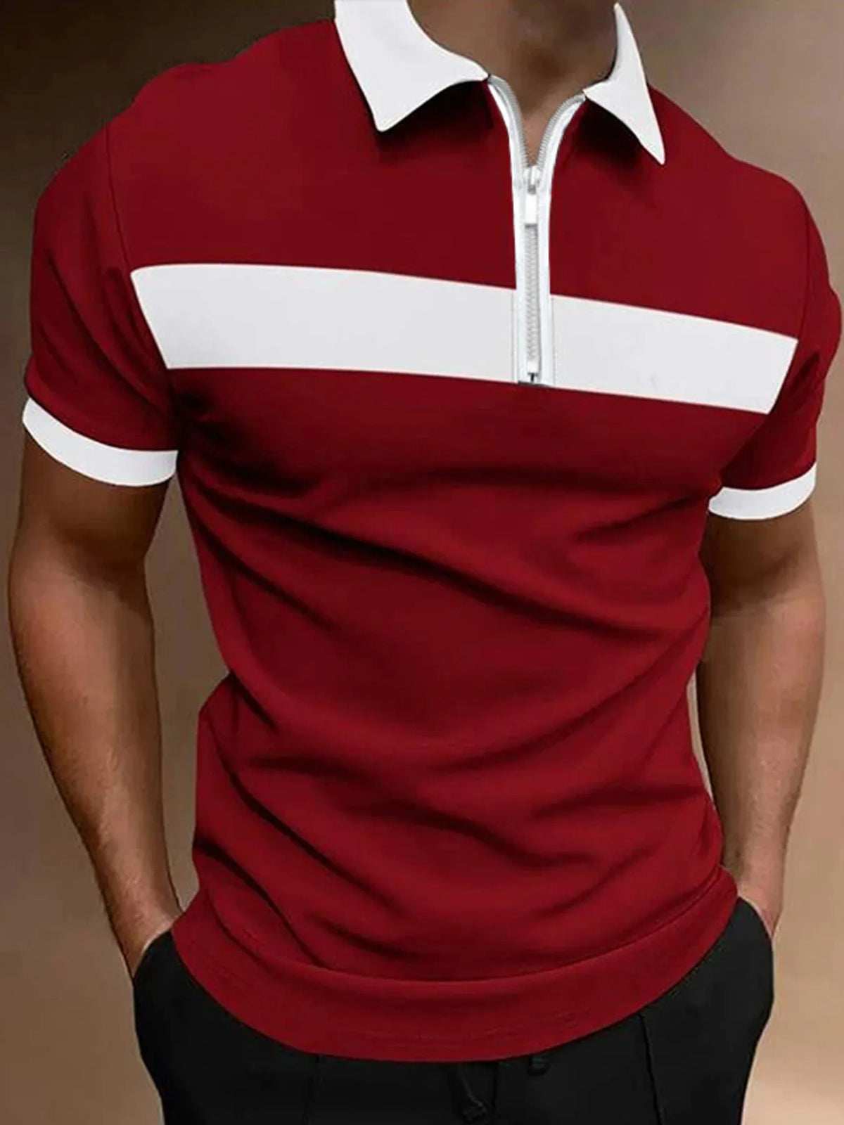 Men's Casual Color Block Zipper Polo Shirt - Burgundy