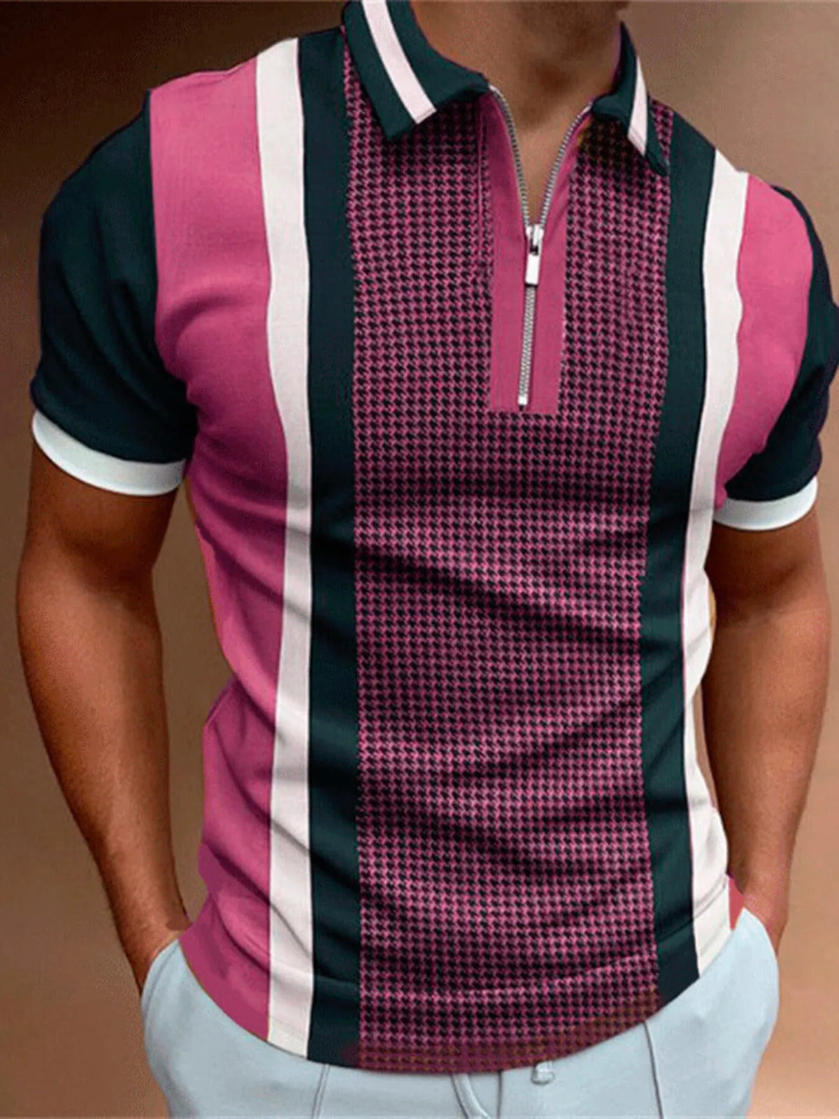 Men's Color Block Zipper Polo Shirt - Heliotrope Purple