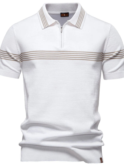 Men's Classic Striped Zip Collar Polo Shirt - White