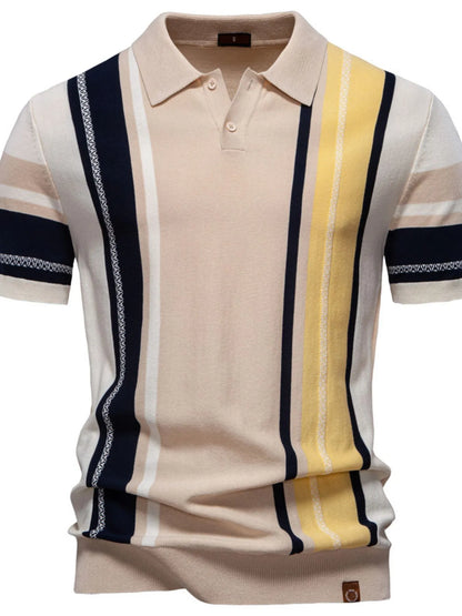 Men's Contrast Striped Knit Polo Shirt - Khaki
