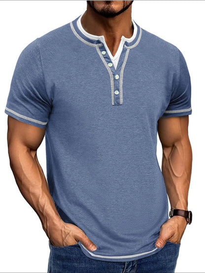 Men's Casual Henley Polo Shirt with Contrast Trim - Gray