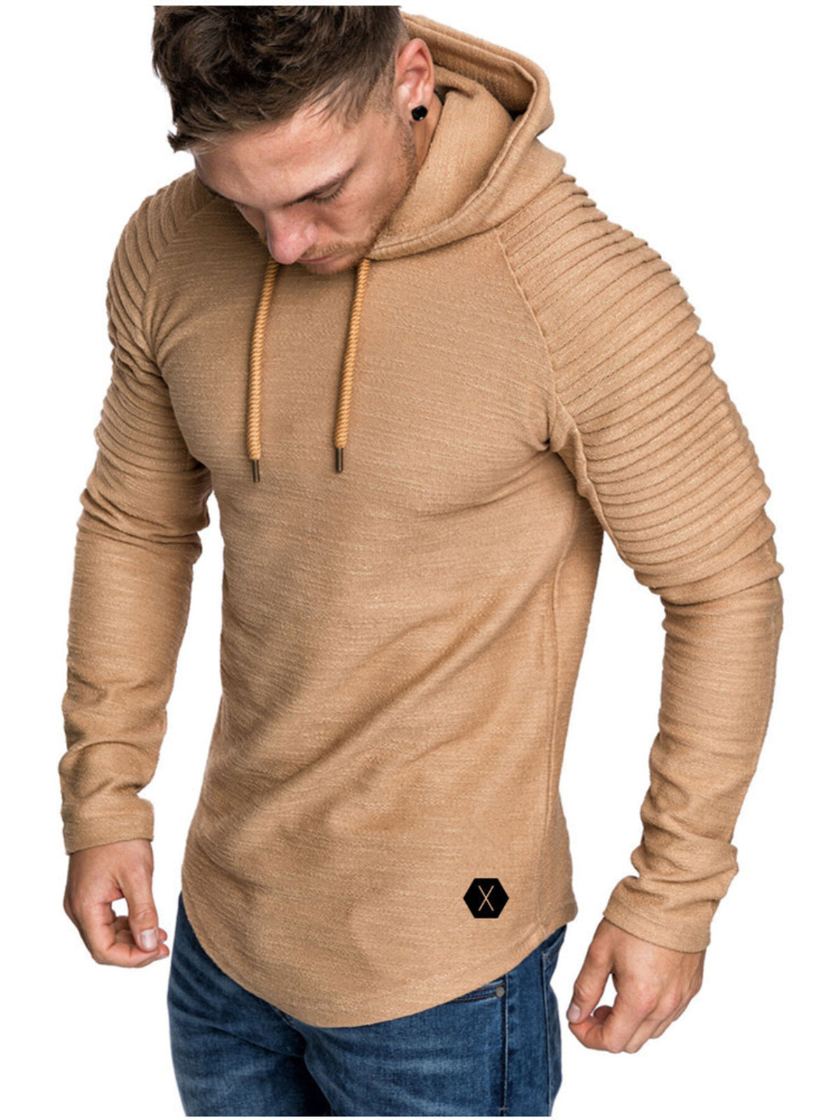 Men's Plus Size Slim Fit Ribbed Hoodie with Drawstring - DCDesigns mens casual hoodie product view
