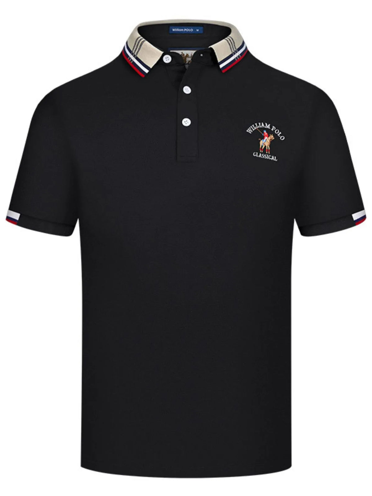 Men's Striped Collared Short Sleeve Embroidered Polo Shirt - Black
