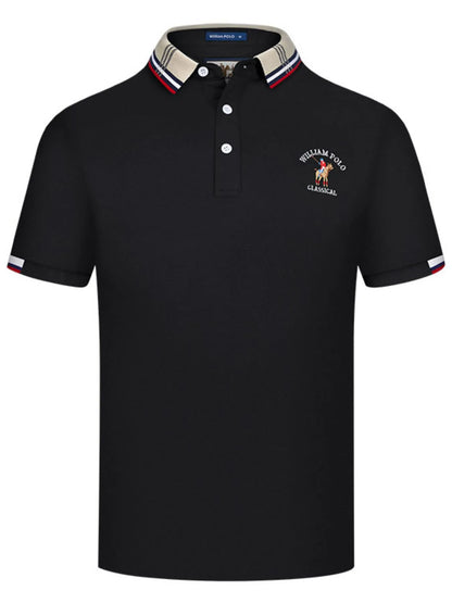 Men's Striped Collared Short Sleeve Embroidered Polo Shirt - Black