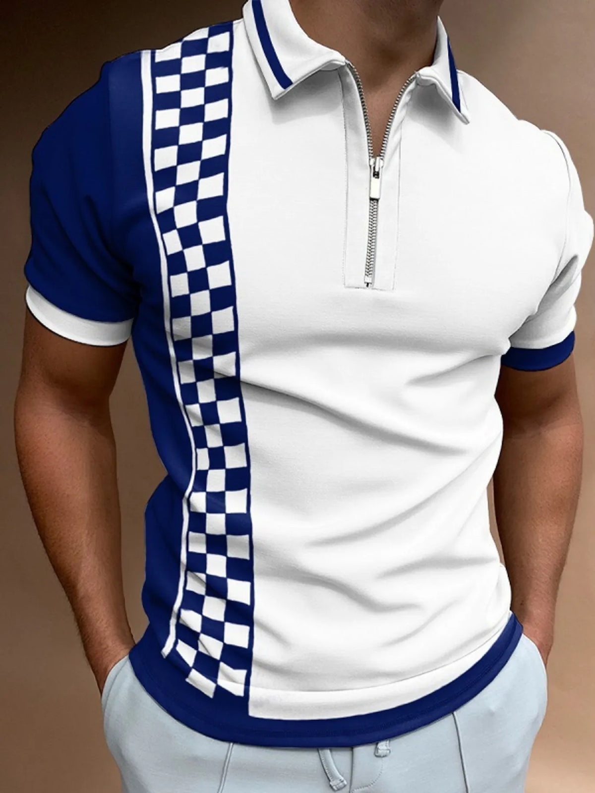 Men's Color Block Zipper Polo Shirt - Heliotrope Purple