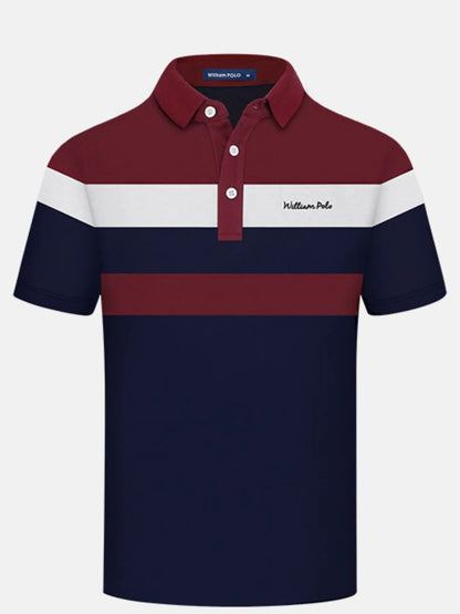 Men's Color Block Striped Short Sleeve Polo Shirt - Burgundy