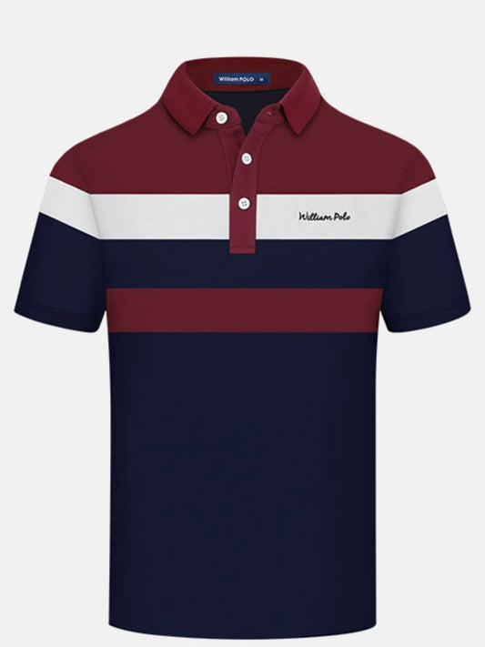Men's Color Block Striped Short Sleeve Polo Shirt - Burgundy