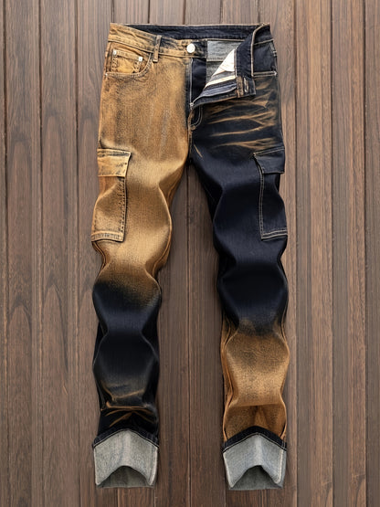 Vintage-Inspired Distressed Denim Cargo Pants for Men - Cotton Blend, Striped, Casual Fit with Multi-Pocket Design