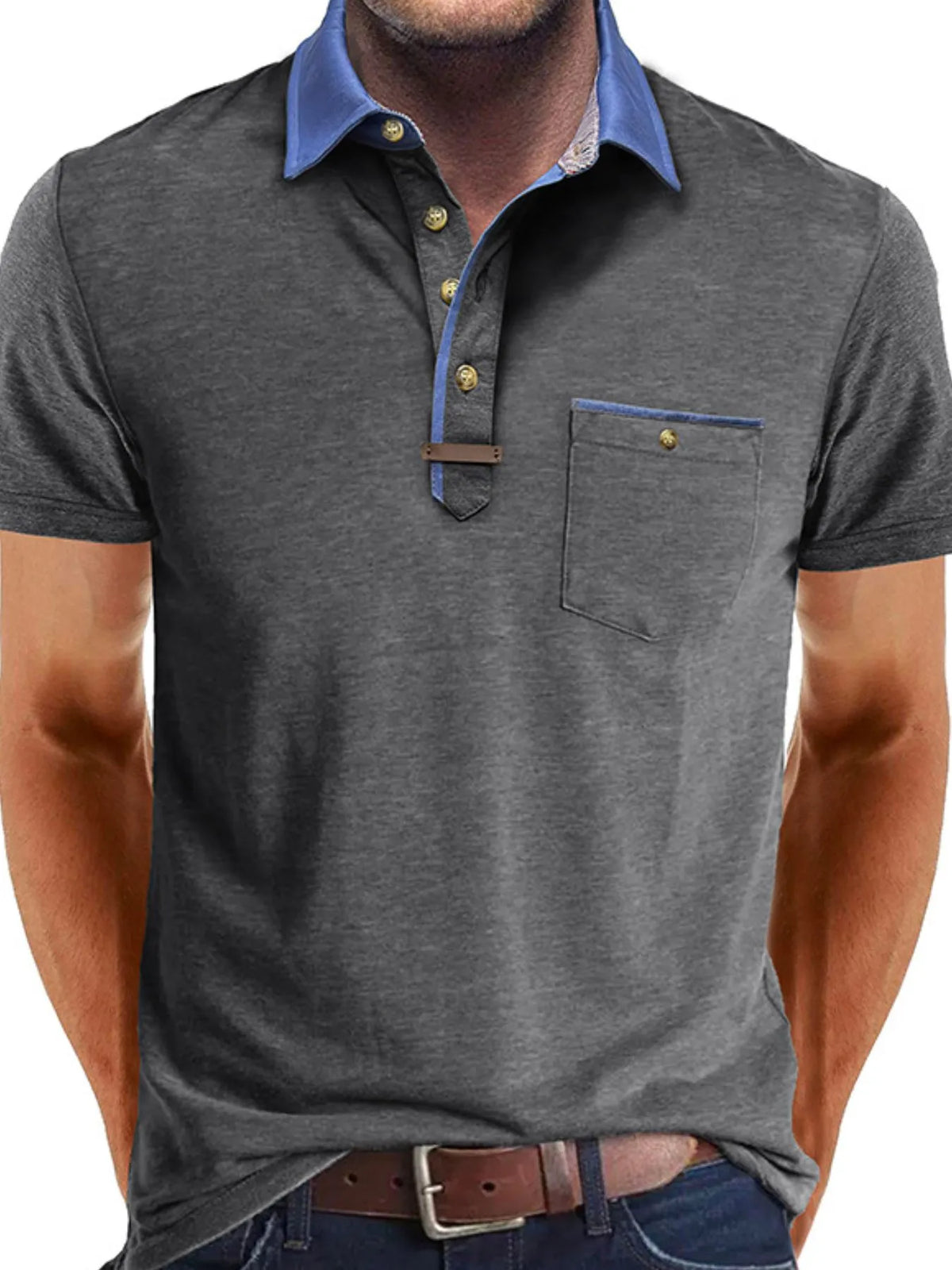 Men's Contrast Collar Pocket Polo Shirt - Gray