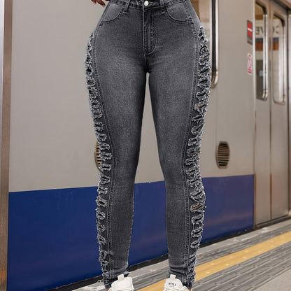 Stretchy Ripped Side Skinny Fit Distressed Denim Jeans - Versatile, Comfortable, and Fashionable Pants for Women - Premium Quality, Soft Fabric, and Classic Style