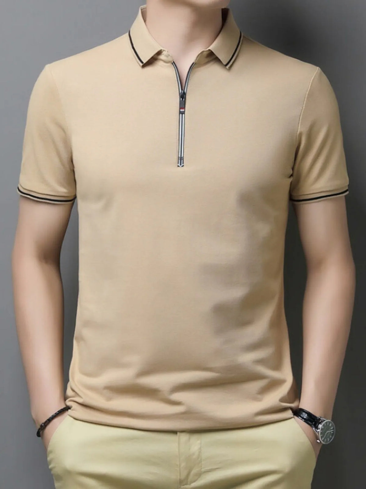 Men's Half-Zip Contrast Trim Polo Shirt - Black