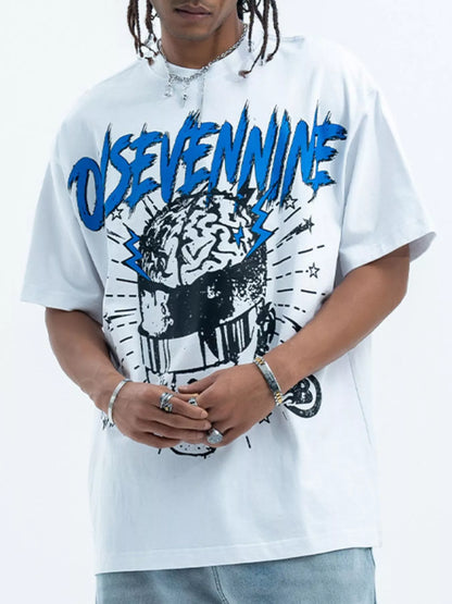White men's relaxed fit graphic tee with streetwear-inspired design