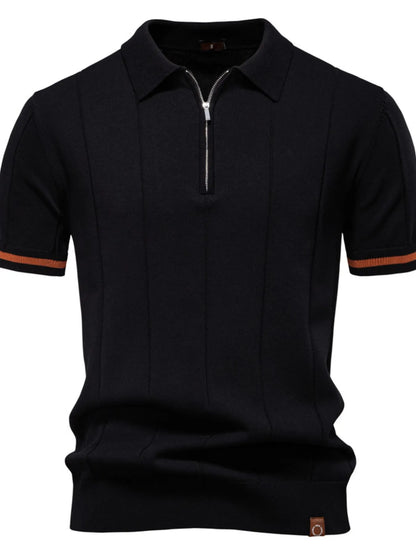 Men's Classic Zip-Neck Knitted Polo Shirt - Navy