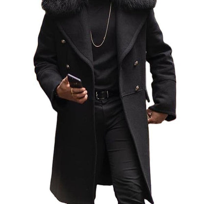 Men's Winter-Ready Slim-Fit Long Lapel Trench Coat with Plush Collar & Belt - Double-Breasted Notched Jacket, Golden-Tone Buttons, Heavy-Duty Cold Weather Outerwear for Formal & Casual (Maroon/Black) - Hand Wash/Dry Clean, Co