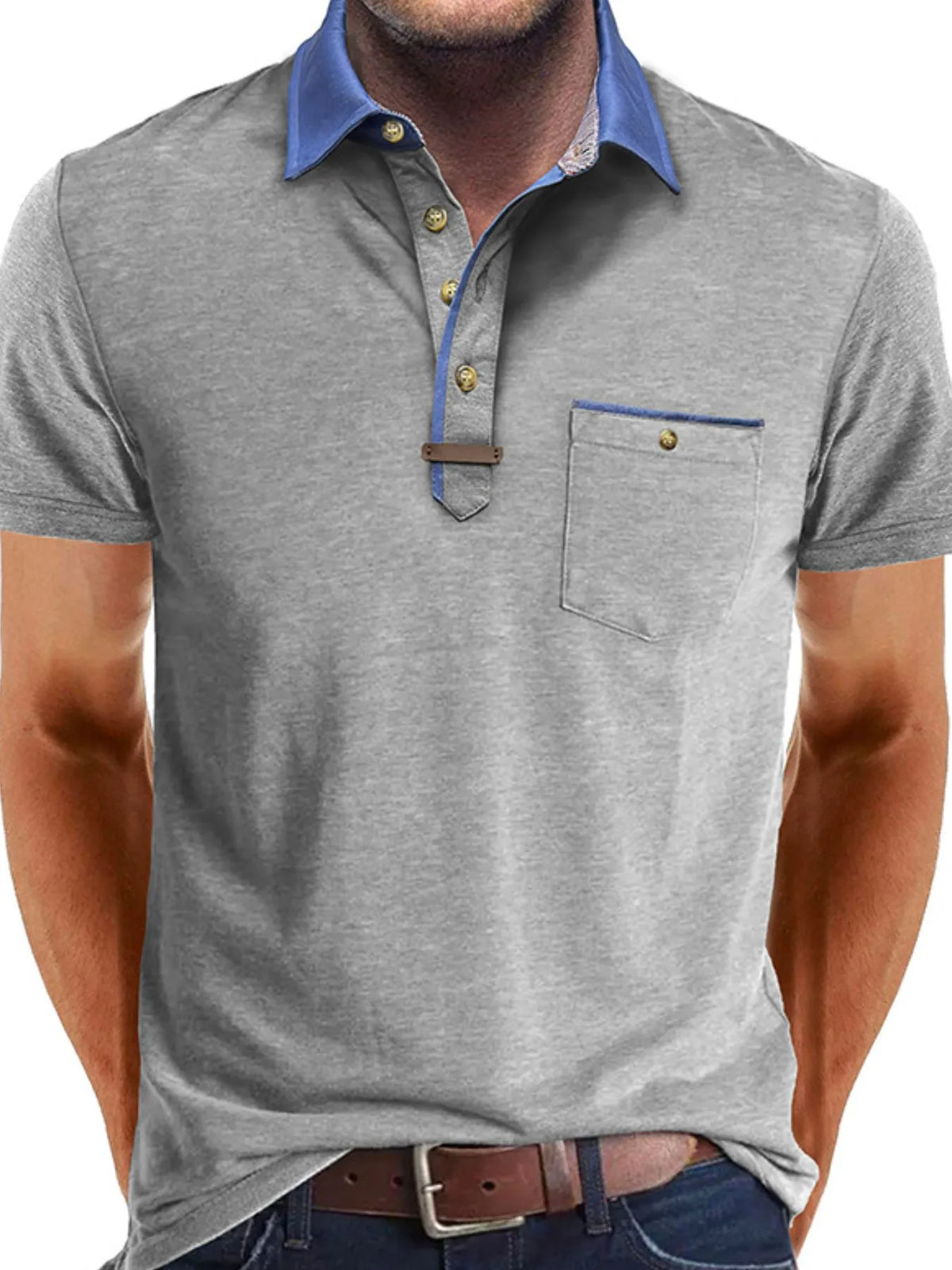 Men's Contrast Collar Pocket Polo Shirt - Gray