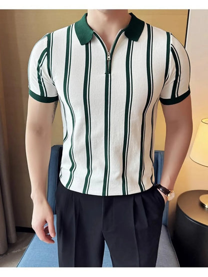 Men's Classic Striped Zip Collar Polo Shirt - Black