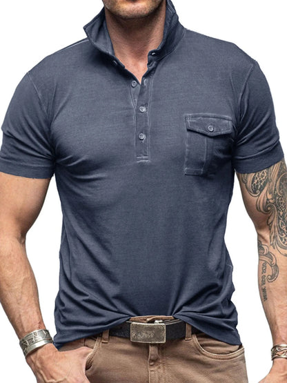 Men's Classic Pocket Polo Shirt with Stand Collar - Gray