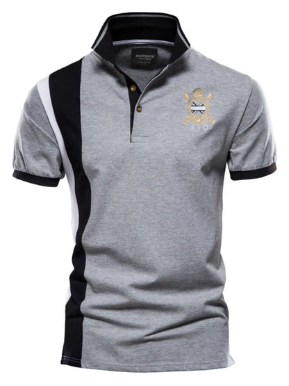 Men's Embroidered Collared Neck Striped Contrast Polo Shirt - White