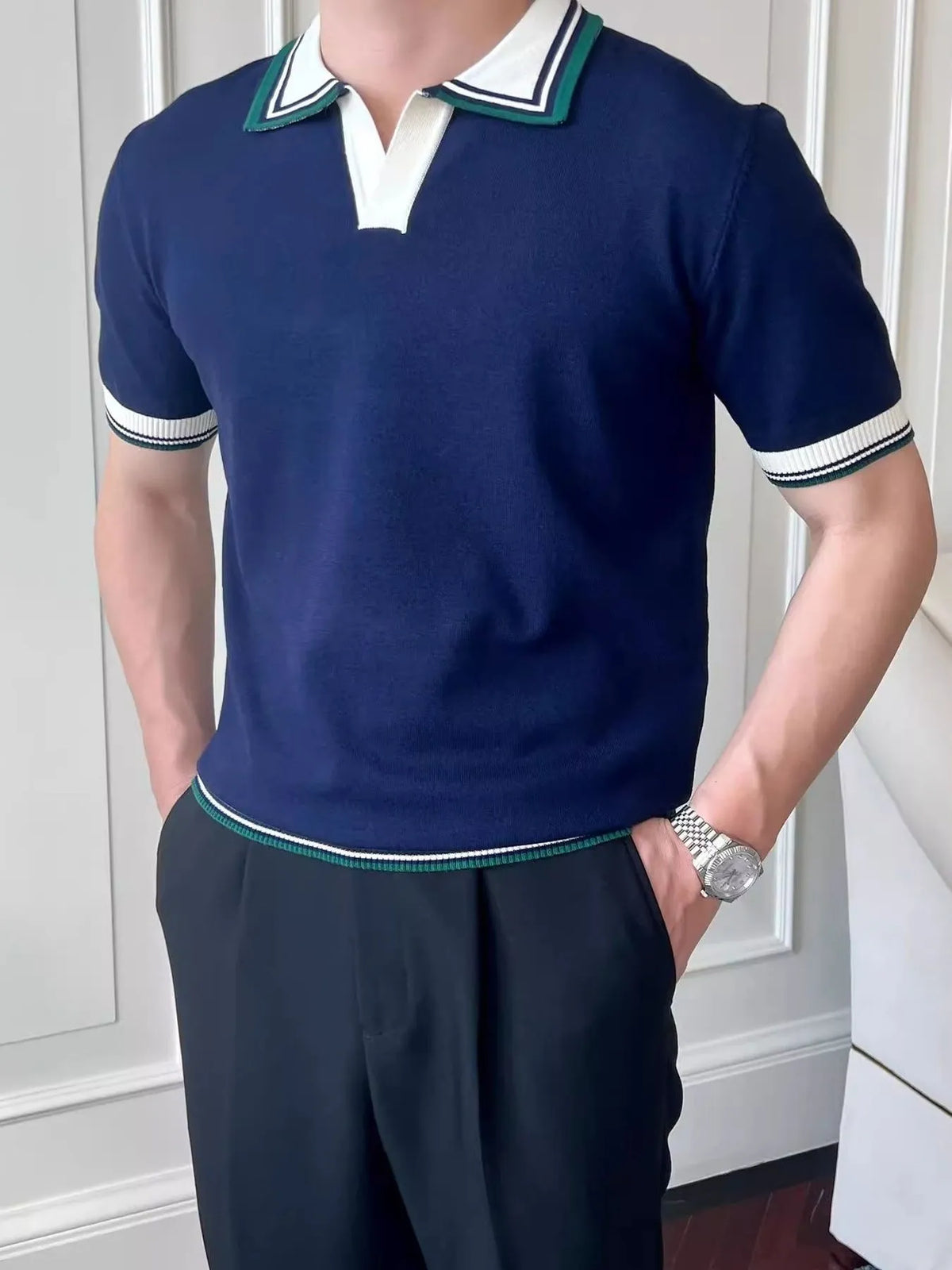 Men's Classic Striped Collar Knit Polo Shirt - Royal Blue