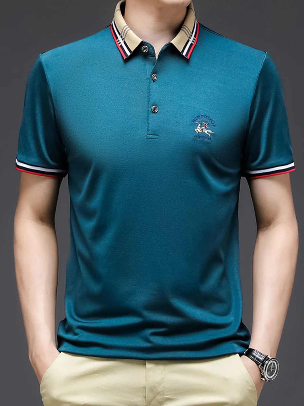 Men's Striped Collar Short Sleeve Polo Shirt - Navy