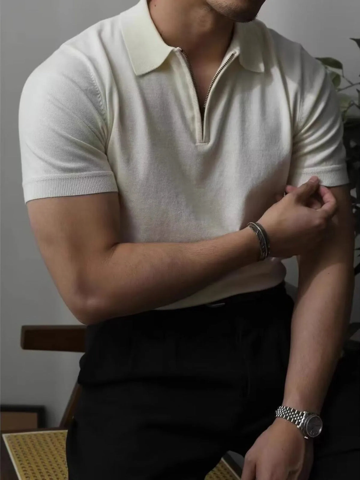 Men's Zip Collar Short Sleeve Polo Shirt - Black