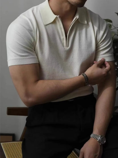 Men's Zip Collar Short Sleeve Polo Shirt - Black