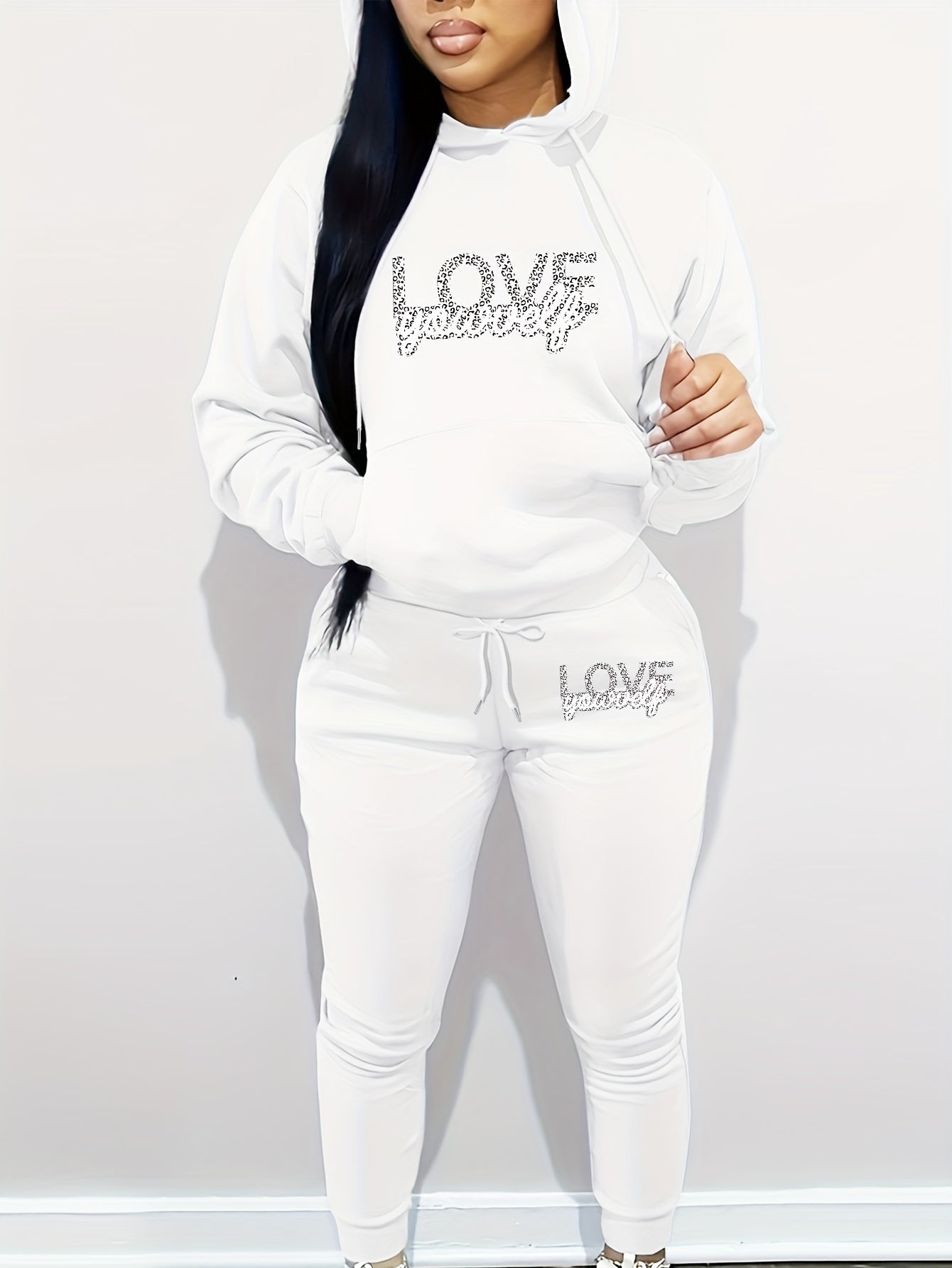 Women's Polyester Two-Piece Tracksuit - Hooded Long Sleeve Alphabet Print Hoodie and Pants Set with Pockets - Casual Knit Fabric - Autumn/Winter Outfit - For Women - Perfect for Casual Wear, Loungewear, and Running Errands -