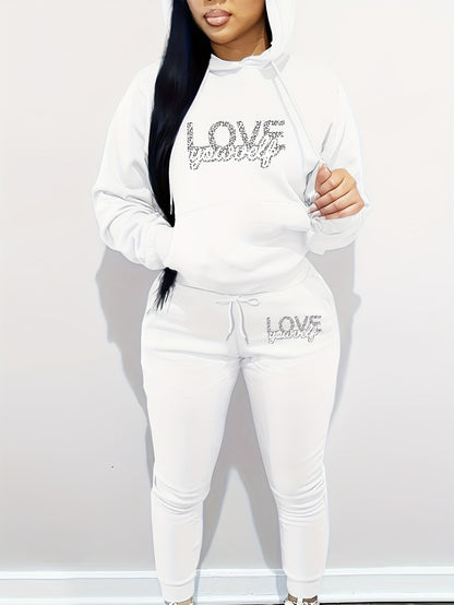 Women's Polyester Two-Piece Tracksuit - Hooded Long Sleeve Alphabet Print Hoodie and Pants Set with Pockets - Casual Knit Fabric - Autumn/Winter Outfit - For Women - Perfect for Casual Wear, Loungewear, and Running Errands -