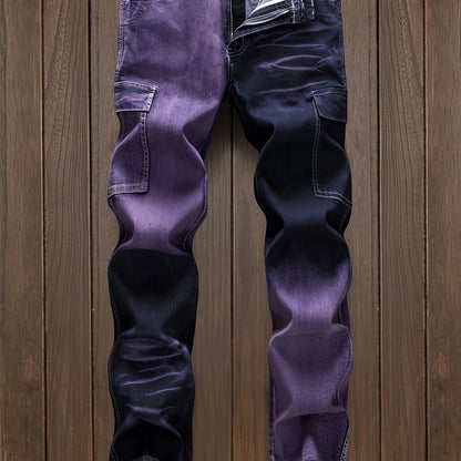 Vintage-Inspired Distressed Denim Cargo Pants for Men - Cotton Blend, Striped, Casual Fit with Multi-Pocket Design