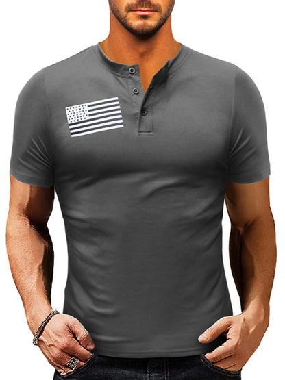 Men's American Flag Short Sleeve Henley Top - Dark Gray