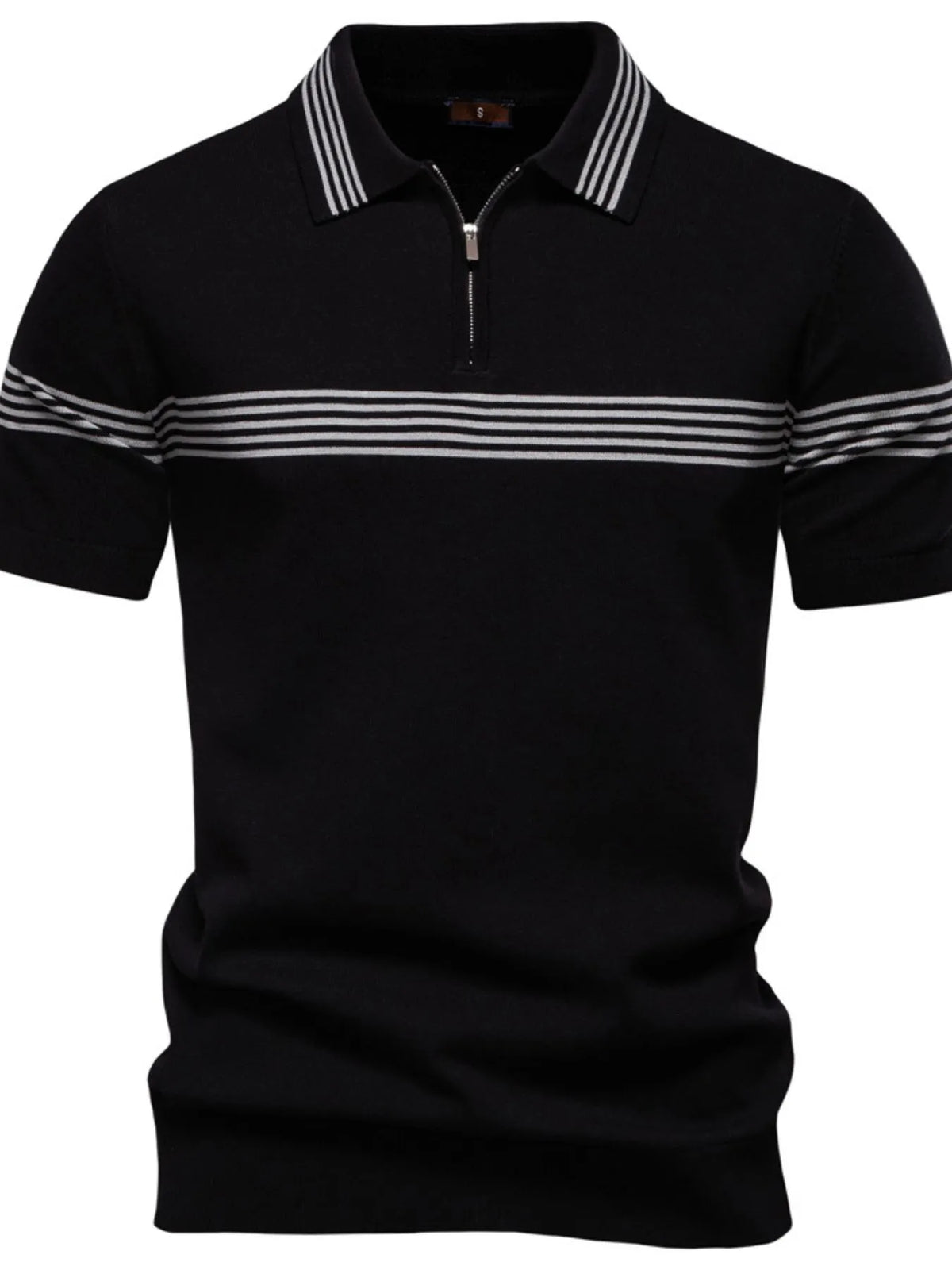 Men's Classic Striped Zip Collar Polo Shirt - Black