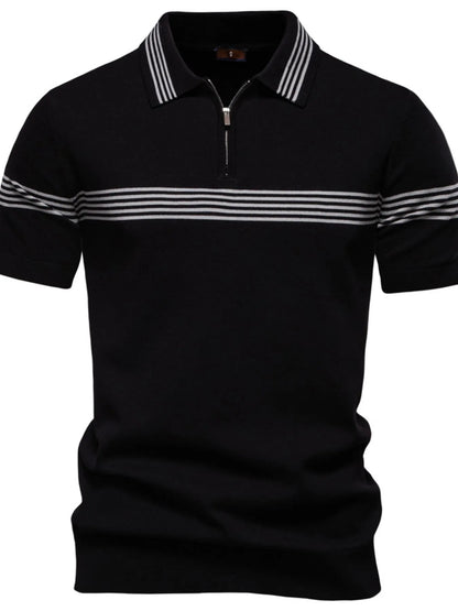 Men's Classic Striped Zip Collar Polo Shirt - Black
