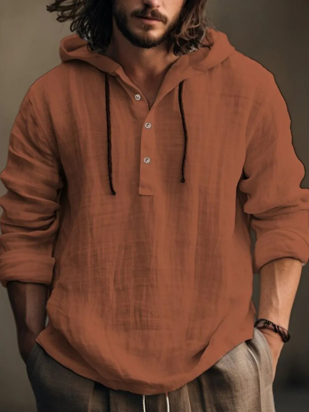 Men's Full Size Half Button Long Sleeve Hoodie - DCDesigns mens casual hoodie product view