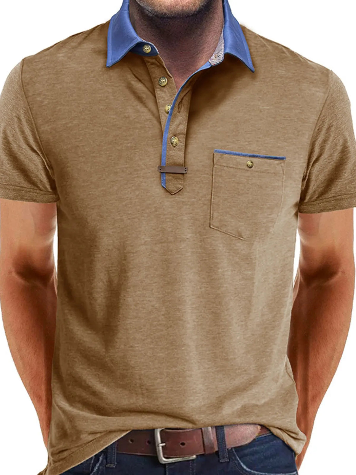 Men's Contrast Collar Pocket Polo Shirt - Gray