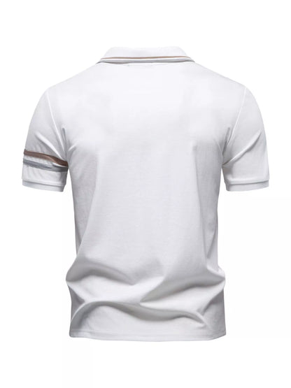 Men's Zippered Collar Polo with Stripe Detail - White