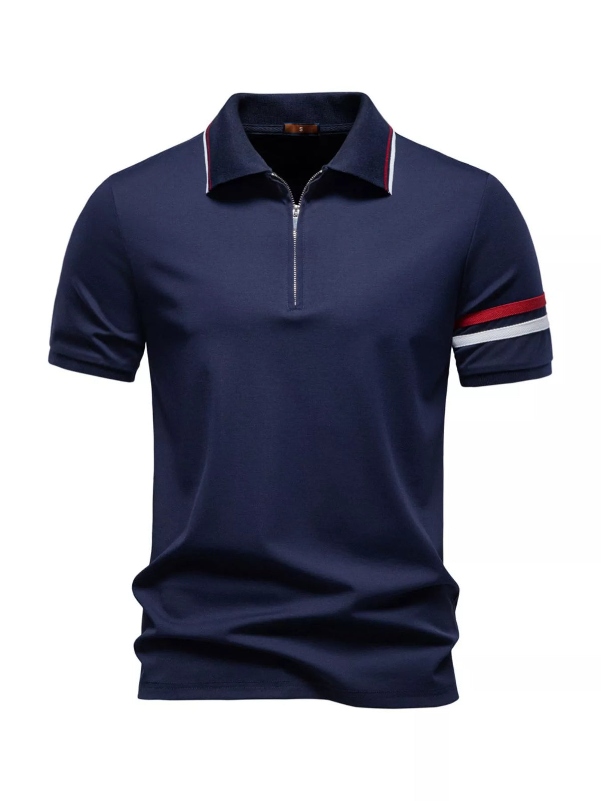 Men's Zippered Collar Polo with Stripe Detail - White