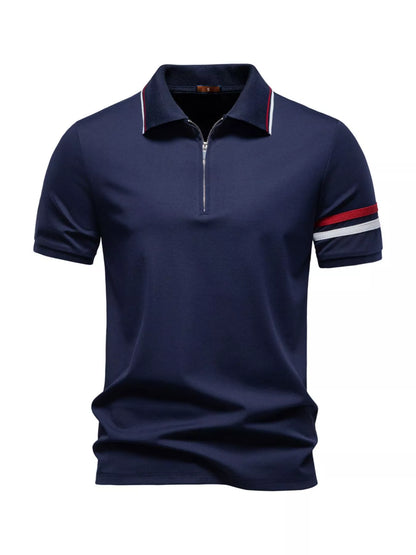 Men's Zippered Collar Polo with Stripe Detail - White