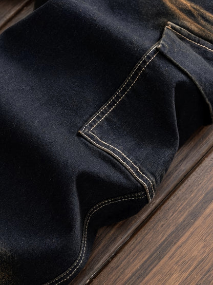Vintage-Inspired Distressed Denim Cargo Pants for Men - Cotton Blend, Striped, Casual Fit with Multi-Pocket Design