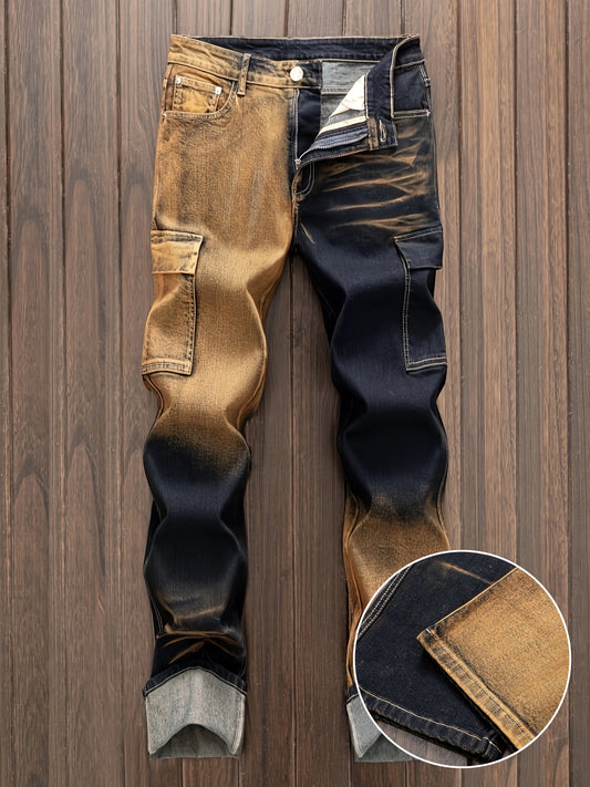 Vintage-Inspired Distressed Denim Cargo Pants for Men - Cotton Blend, Striped, Casual Fit with Multi-Pocket Design