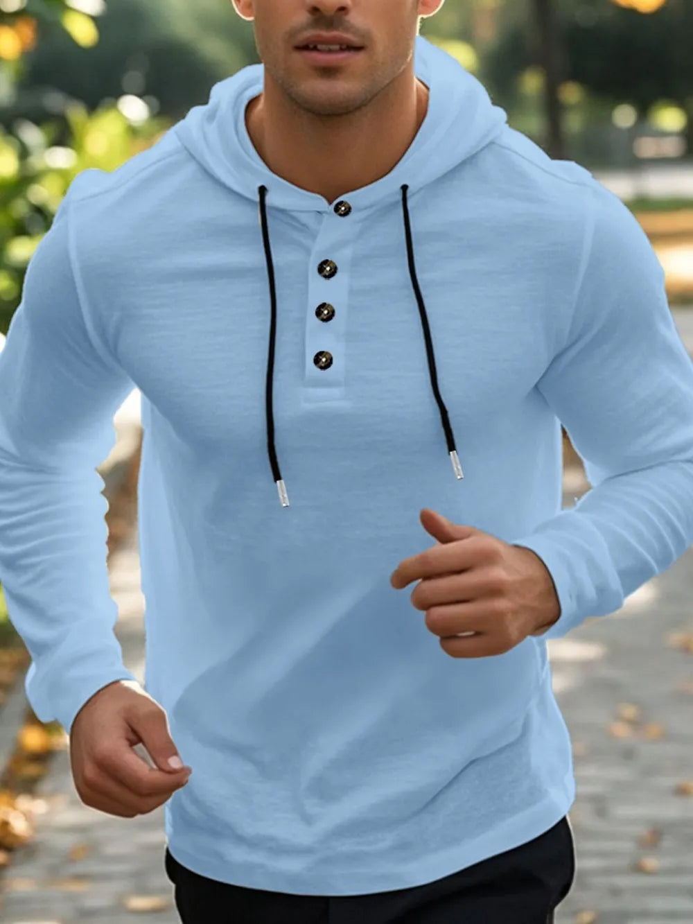 Men's Full Size Drawstring Button Detail Long Sleeve Hoodie Plus Size - DCDesigns mens casual hoodie product view