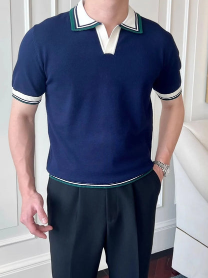 Men's Classic Striped Collar Knit Polo Shirt - Royal Blue