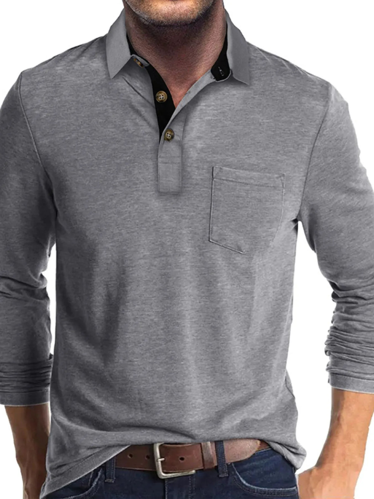 Men's Long Sleeve Pocket Polo Shirt - Gray