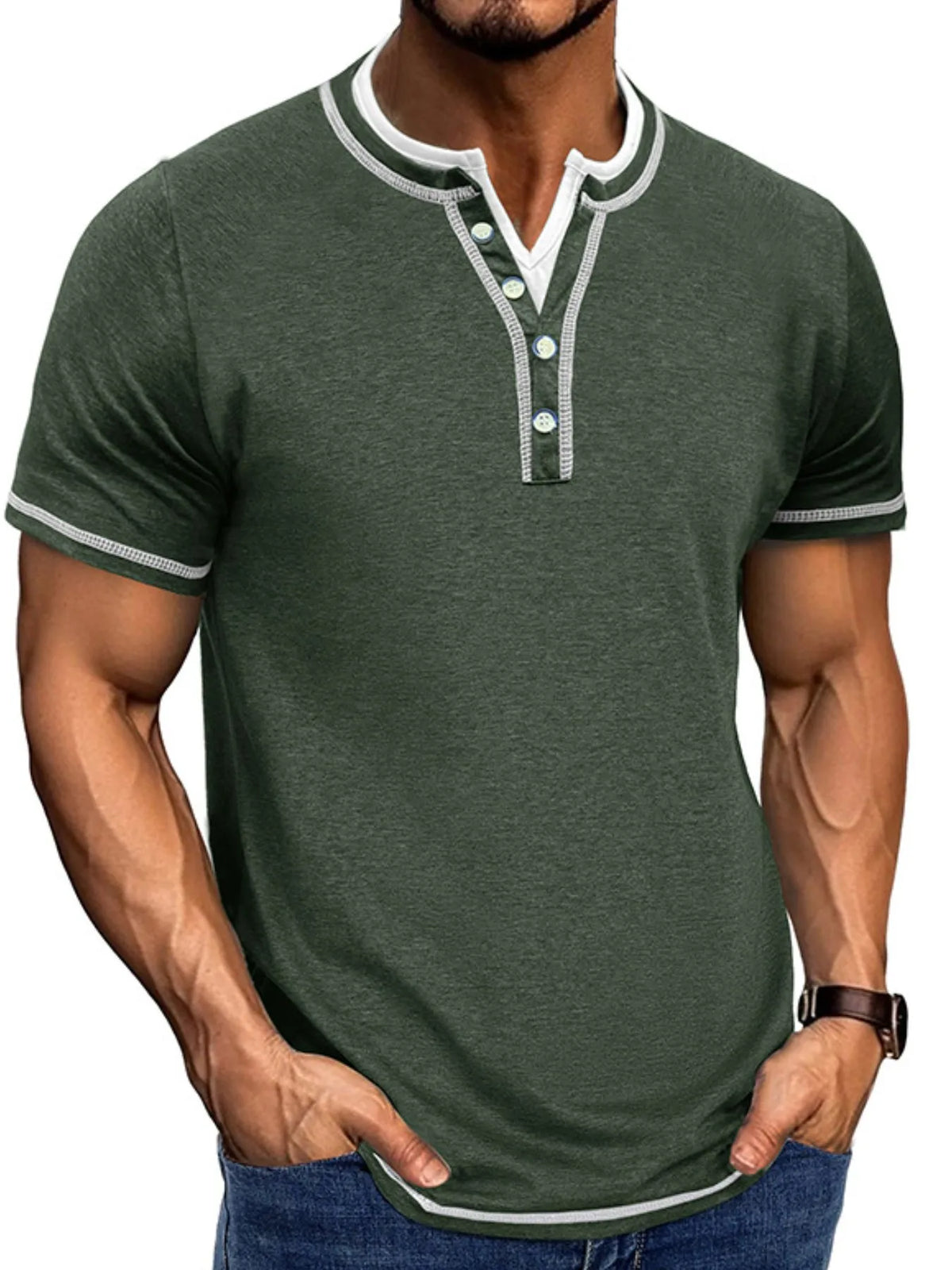 Men's Casual Henley Polo Shirt with Contrast Trim - Dark Gray