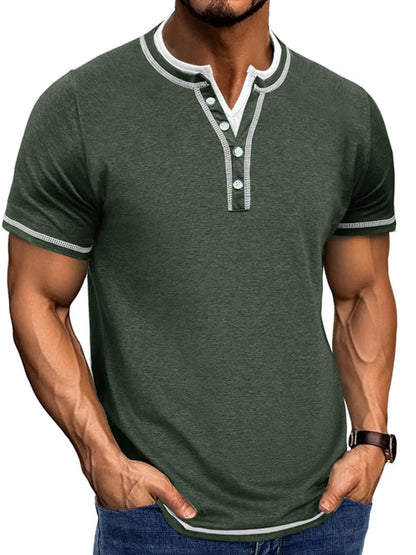 Men's Casual Henley Polo Shirt with Contrast Trim - Dark Gray