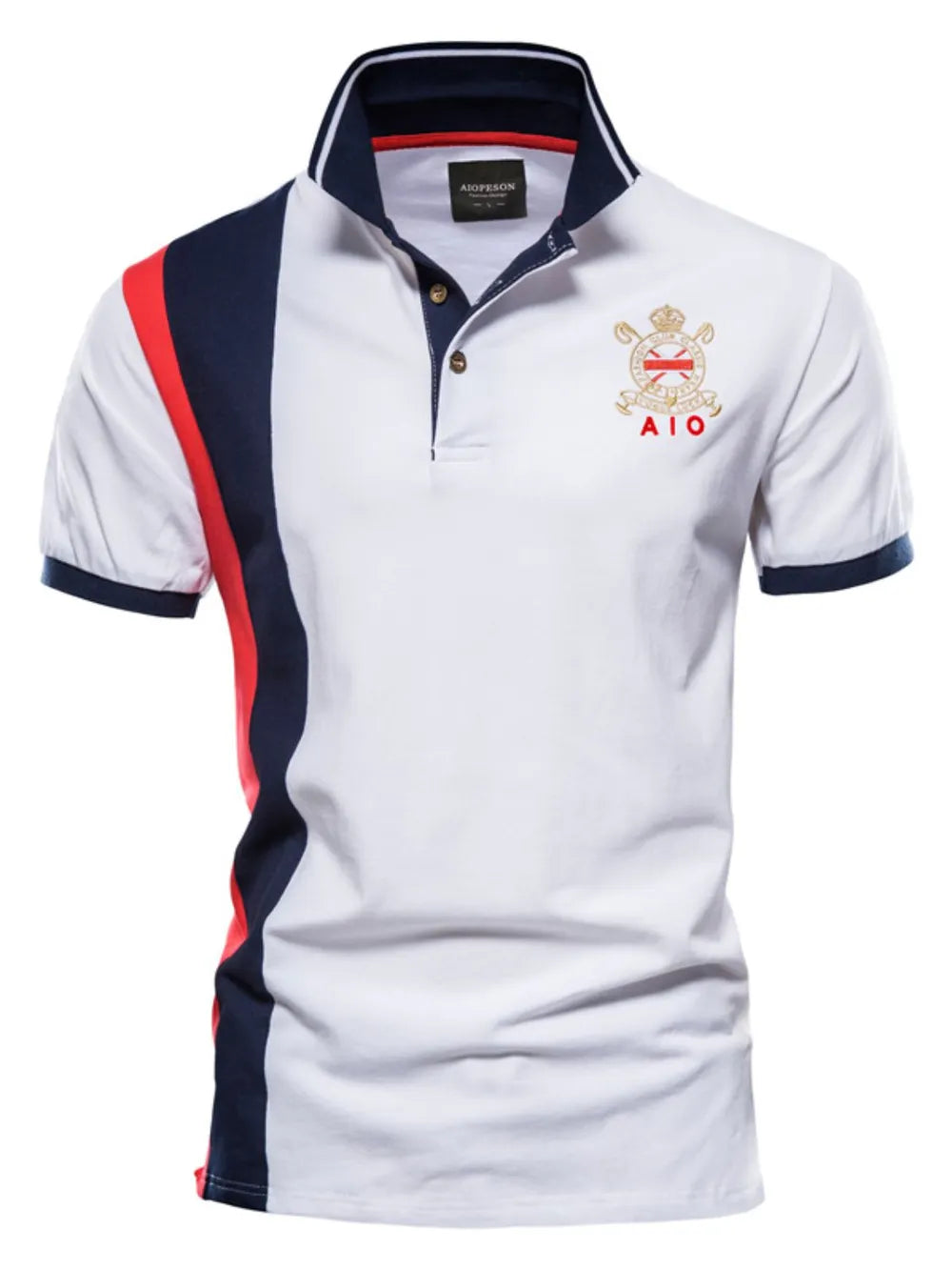 Men's Embroidered Collared Neck Striped Contrast Polo Shirt - Navy