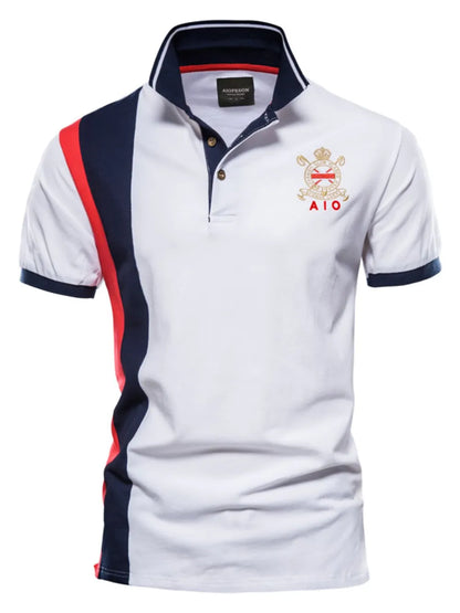 Men's Embroidered Collared Neck Striped Contrast Polo Shirt - Navy