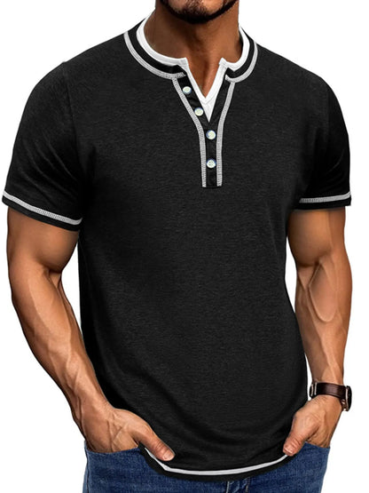 Men's Casual Henley Polo Shirt with Contrast Trim - Dark Gray
