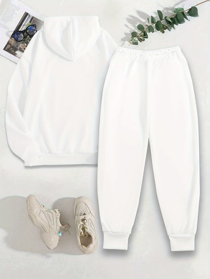 Women's Polyester Two-Piece Tracksuit - Hooded Long Sleeve Alphabet Print Hoodie and Pants Set with Pockets - Casual Knit Fabric - Autumn/Winter Outfit - For Women - Perfect for Casual Wear, Loungewear, and Running Errands -